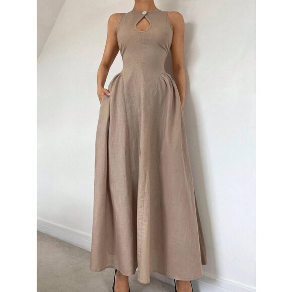 Hollow Front Cinched Waist A-Line Side Ruched Maxi Dress tan - Picture 2 of 7